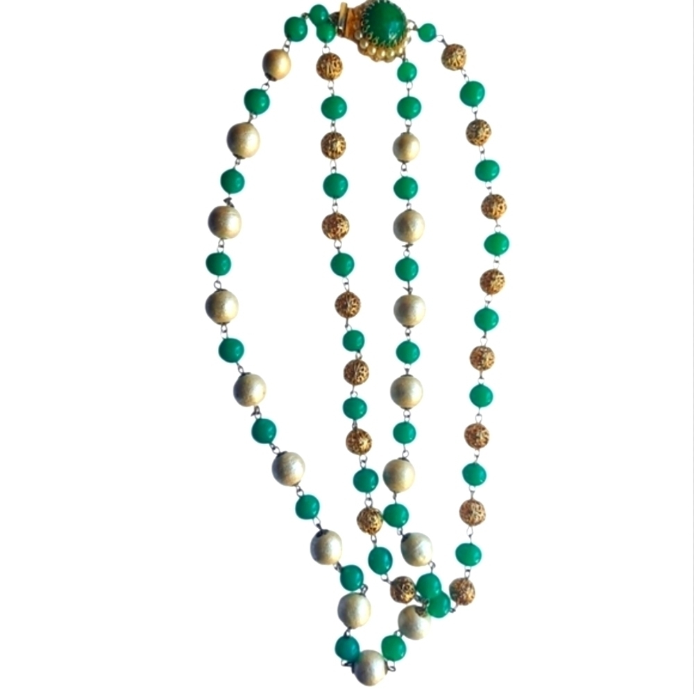 Vintage Exquisite Double Strand Green Pearl Color Goldtone Necklace